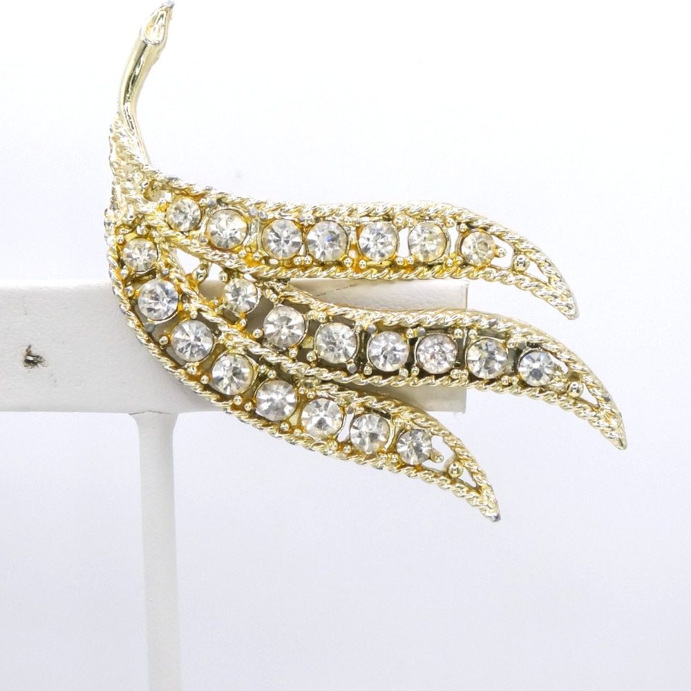 Vintage Rhinestone Leaf Brooch Pin Gold Tone Large 2.2" Womens Mens